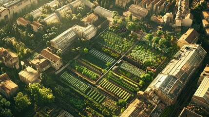 Obraz premium Lush gardens and greenhouses thrive in the city, showcasing various crops bathed in warm afternoon light