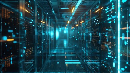 Shot of Corridor in Working Data Center Full of Rack Servers and Supercomputers with Internet connection Visualization Projection, technology, digital, futuristic, future,