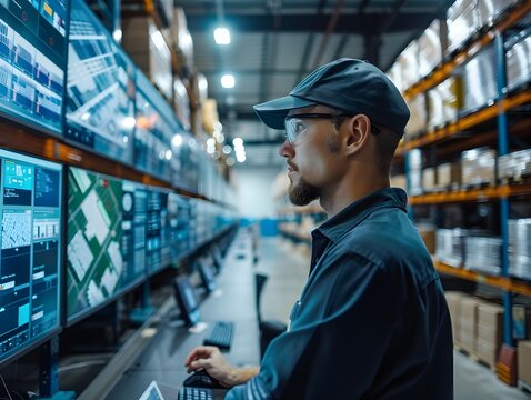High Tech Logistics Manager Overseeing Warehouse from Control Room