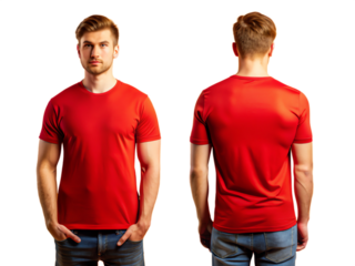 plain red t-shirt mockup design. front and rear view. A model in the background of a men's clothing store