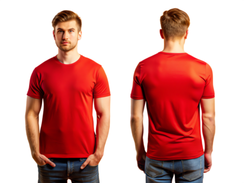 plain red t-shirt mockup design. front and rear view. A model in the background of a men's clothing store