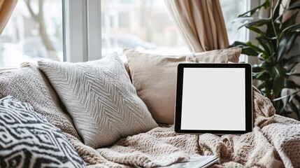 Tablet computer with blank screen on a cozy couch with pillows.