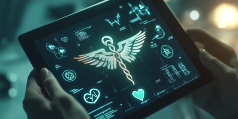 Close-up of a digital tablet displaying medical symbols and data visualizations in a futuristic interface
