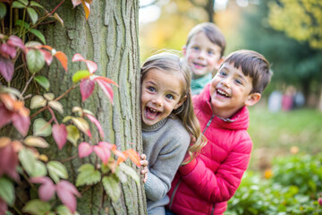 Happy Children Playing Peekaboo Behind Tree in Autumn Park