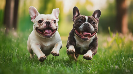 Fototapeta premium Two French Bulldogs play in the grass. --ar 16:9 --v 6.1 Job ID: 35f50dcf-932a-408a-b6cb-4d66c9c7205e