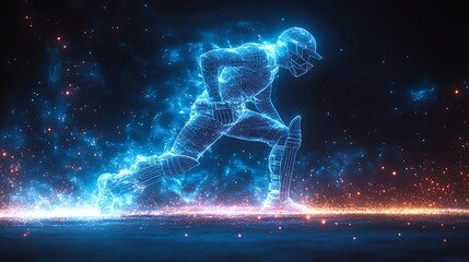 Digital blue low poly cricket player with glowing data streams AI in sports analytics, player performance tracking systems, match prediction algorithms, and training programs. wireframe player design
