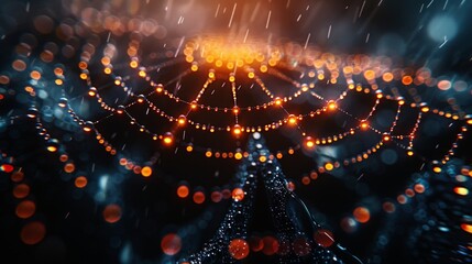 Obraz premium Close-up of a spider web with dew drops, captured against a dark, moody background.