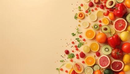 A captivating burst of fresh produce and healthy snacks creates an inviting scene that highlights the vibrancy of nutritious food choices, with copy space