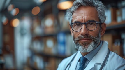 Fototapeta premium A healthcare professional in a laboratory environment, confidently addressing the camera with medical supplies in the background during the day
