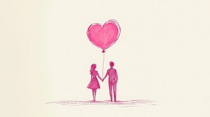 Minimal Pink Ink Silhouette of Couple Holding Heart Balloon