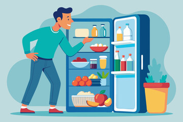 Hungry man opens a refrigerator full of food and drinks in order to have a snack or take food for cooking
