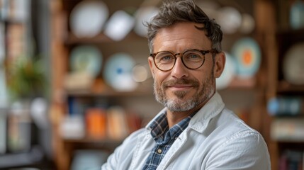 Smiling man with glasses in casual attire sitting confidently in a cozy, well-decorated room filled with shelves and colorful plates