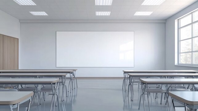 Empty classroom with white board and desks.