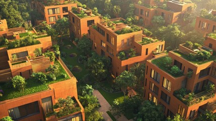 Obraz premium Top view of a contemporary Indian urban development with innovative building designs and green terraces