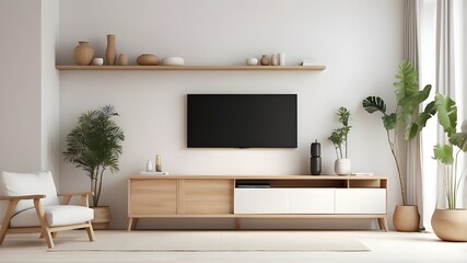 White wall, background, minimalist living room interior with wooden TV cabine
