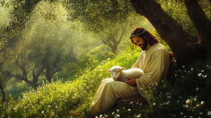 Peaceful Scene of Jesus with Lamb in Green Meadow
