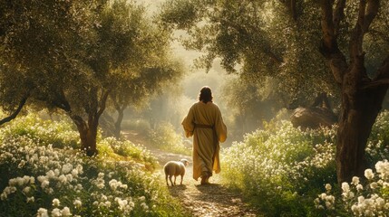 Serene Walk Through a Sunlit Garden with Jesus and Lamb