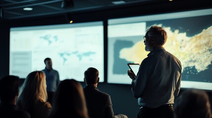 Obraz premium A business presentation in a modern conference room with data visualization on screens and an engaged audience.