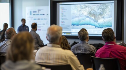 A diverse group of professionals attentively watching a presentation on a screen, focused on data analysis and mapping techniques.