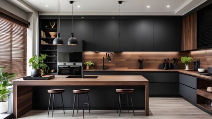 Kitchen built-in furniture in black and dark wooden colors, home interior design background, trendy color and material scheme, kitchen decoration in daylight