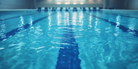 Obraz premium Peaceful Indoor Swimming Pool with Calm, Clear Blue Water and Lane Markings in a Modern Facility