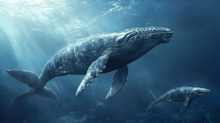 Obraz premium Whales are big water animals known for their size, smartness, and interesting actions. --ar 16:9 --v 6.1 Job ID: aa457c5c-14e7-456e-b045-86fe9d43daf2