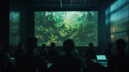 Audience watches a film in a darkened room, captivated by a lush forest scene projected on screen.