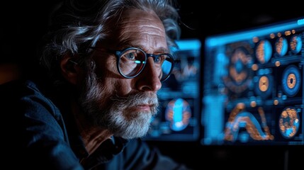 Older man analyzing data on multiple screens in a dimly lit room at night