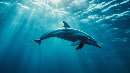 Obraz premium A graceful dolphin gliding through crystal-clear water, illuminated by shimmering rays of sunlight from above.