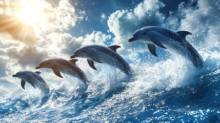 Naklejka premium Four dolphins gracefully leap through ocean waves under a vibrant sky, showcasing their playful nature in a stunning seascape.