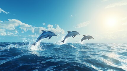 Naklejka premium Three dolphins gracefully leaping out of a sparkling ocean beneath a bright sky, showcasing nature's beauty and vitality.