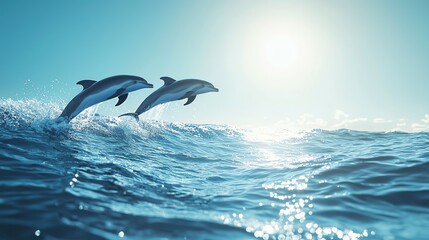 Two dolphins gracefully leap above the ocean waves under a bright sun, showcasing their playful nature and beauty.