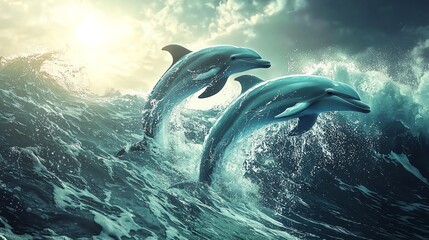Fototapeta premium Two dolphins gracefully leap from the ocean waves under a dramatic sky, showcasing their beauty and agility in nature.