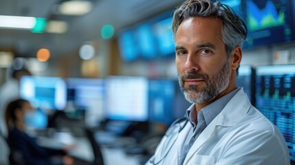 A medical professional in a lab coat monitors patient data in a busy healthcare environment during the day