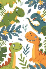 Fototapeta premium Cute Dinosaurs Illustration with Green Leaves