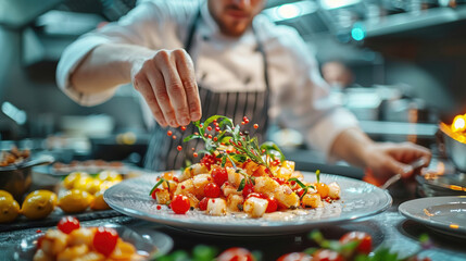 Obraz premium Close up hand of professional chef man is preparing a plate and garnishing exquisite plate of food with cooking ingredient on workstation in kitchen of restaurant