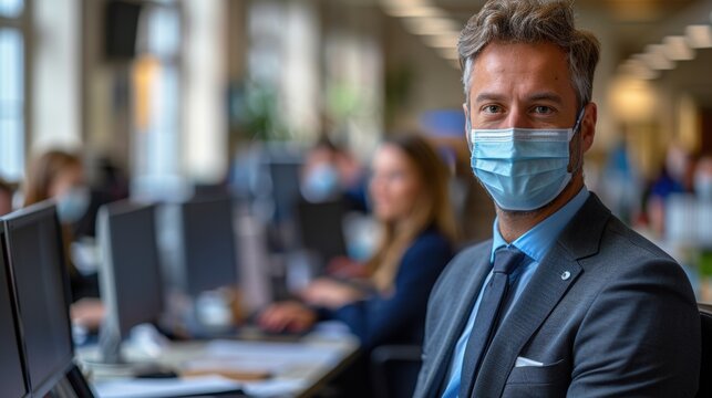 Business professionals in an office wearing masks during a workday in a modern workspace - Powered by Adobe