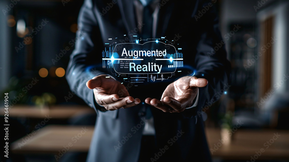 Aufkleber Businessman showcasing augmented reality technology with hands in a modern office setting
