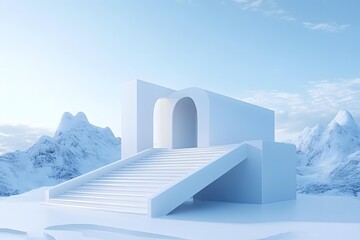 Minimalist White Architecture With Archway and Staircase in Snowy Mountain Landscape