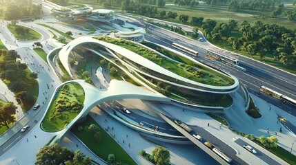 Top view of a sleek Indian transport hub with modern architectural features and green spaces