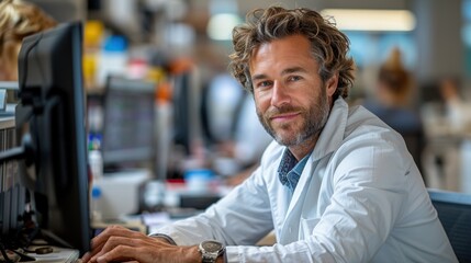 Obraz premium A medical professional working at a desk in a busy healthcare environment during daytime