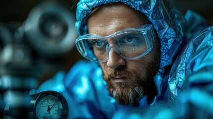 Scientist in protective gear focused on experiment in laboratory setting during daylight hours