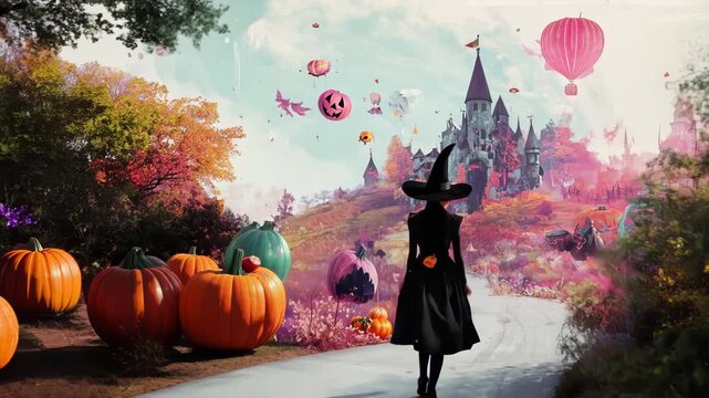 Witch walks along autumnal path with pumpkins. Enchanted castle looms in distance. Magical objects float in dreamy sky. Hot air balloon adds whimsical touch. 