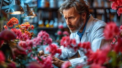 Naklejka premium A botanist examines vibrant flowers in a well-lit greenhouse during a spring afternoon
