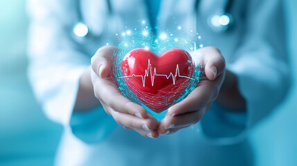 A medical professional holding a heart symbol with digital health data overlay, representing the integration of technology in modern healthcare for enhanced cardiovascular care and diagnostics