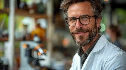 Obraz premium A smiling scientist in a laboratory setting working with equipment