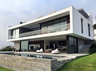 Fototapeta premium Modern White House with Swimming Pool and Patio
