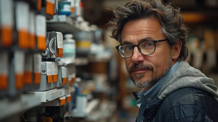 Obraz premium Man with glasses standing in a workshop filled with tools and supplies during the day