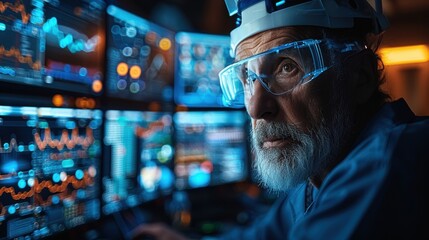 Elderly man analyzing data on multiple screens in a high-tech laboratory setting at night