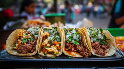 Delicious and vibrant street tacos displayed on a tray. Each taco is filled with fresh ingredients like meat, onions, and cilantro. Enjoy the rich flavors and textures of this popular dish. AI